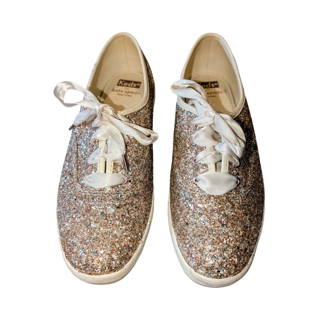 Keds × Kate Spade New York Champion Glitter Sneakers 8.5 Rose Gold Ribbon Lace - Picture 4 of 9